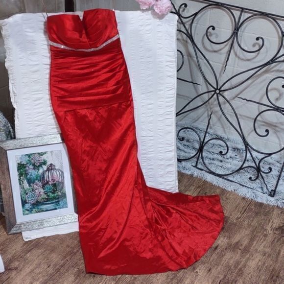 Red Strapless Mermaid Gown with Rhinestone Embellished Front Band - Picture 2 of 16